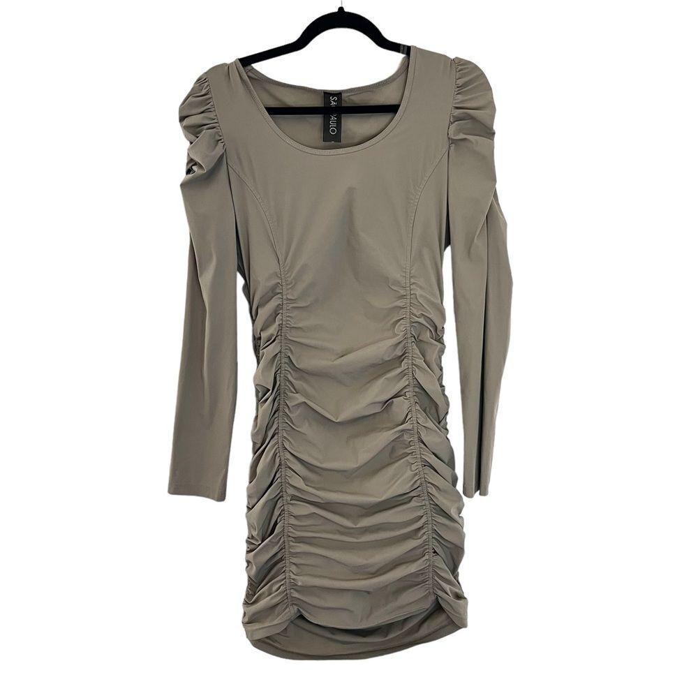 Chic Long Sleeve Ruched Dress - Taupe